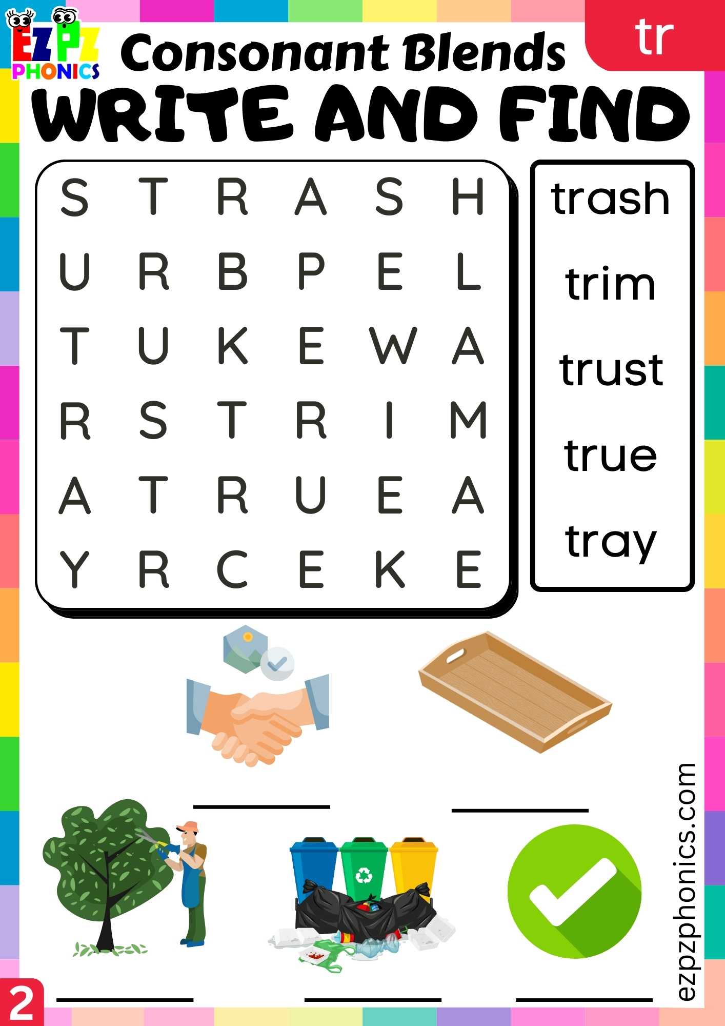 Group2 TR Words Write And Find Phonics Consonant Blends Worksheet